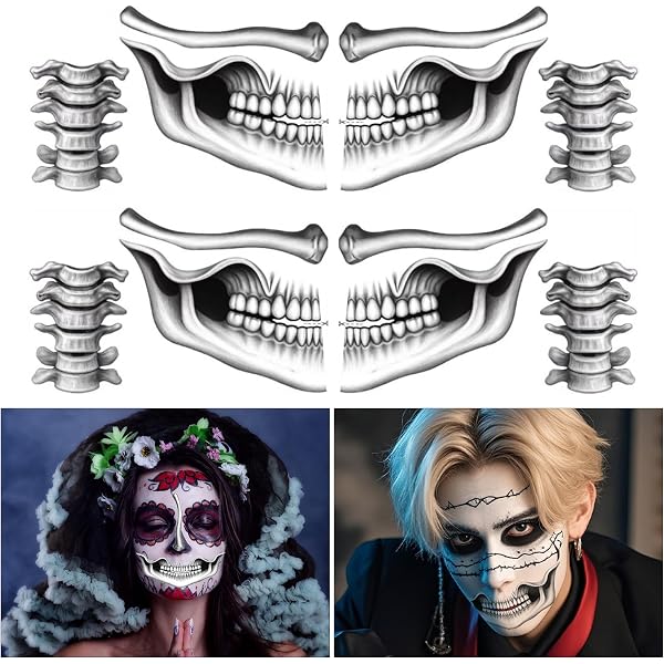 Tatouages Temporaires Squelette Halloween – 2 Feuilles Motifs + 2 Feuilles Strass – Faciles à Appliquer, Résistants à L'eau – Pour Fêtes, Cosplay, Déguisement