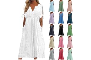 KUIH Summer Dresses for Women UK Loose Casual Maxi Dress Short Sleeve V Neck Tunic Flowy Pleated Beach Sundress Plus Size Ladies Boho Dress Holiday Essentials A Line Bridesmaid Dresses
