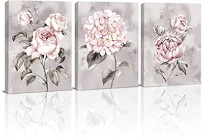 KAIRNE 3er Grey Pink Wall Art,Rose Flowers Canvas Prints,Ready to Hang Pink Artwork Floral Painting(11.8”X15.6,Framed),Modern Romantic Poster for Women Girl Bedroom Bathroom Living Room Decor
