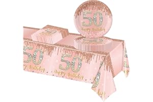 POPOYU 37 Pcs Rose and Gold 50th Birthday Tableware Set,Happy Birthday Disposable Dinnerware Set,Rose Gold Paper Plates 9 Inch Napkins Table Cloth for Girls, Women, Her 50th Birthday Gifts Party Supplies