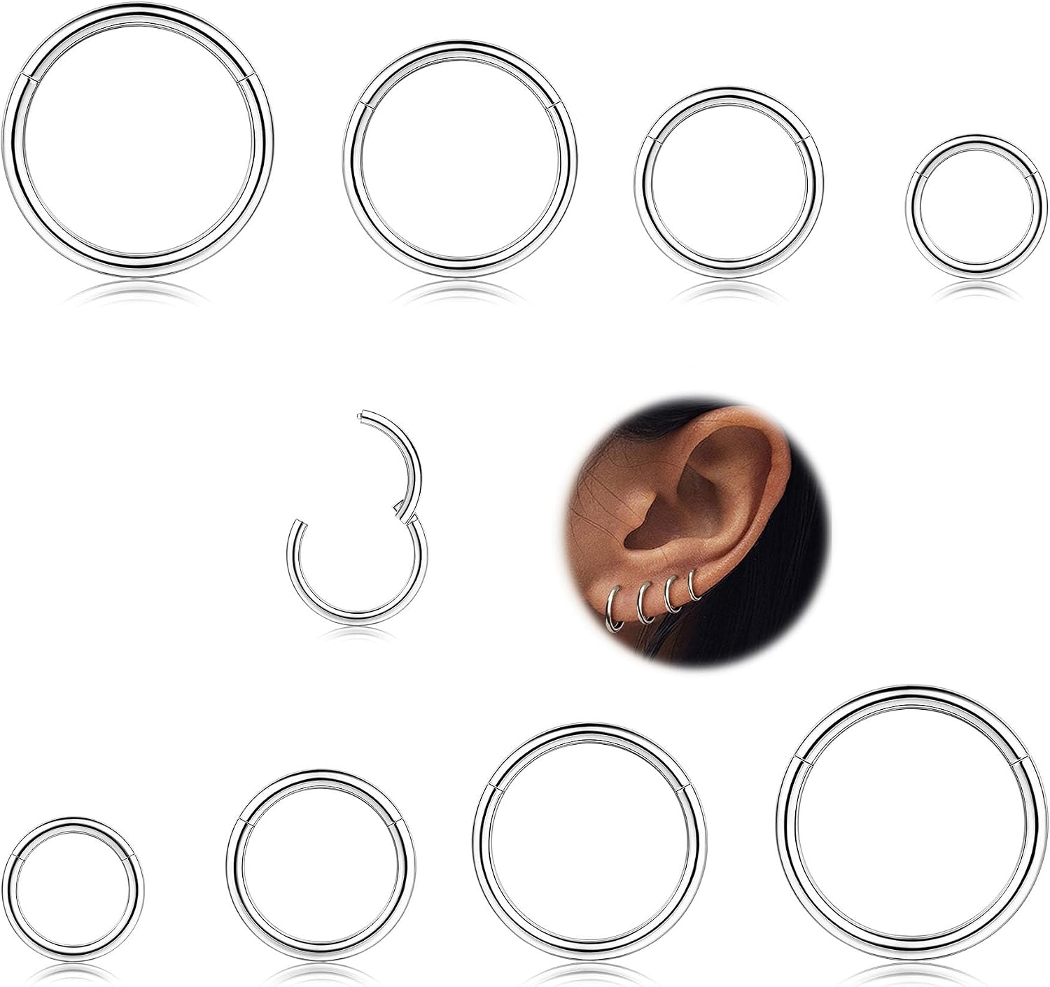 MILACOLATO 8Pcs 16G Surgical Steel Hinged Clicker Segment Nose Rings Hoop Helix Cartilage Daith Ohr Tragus Sleeper Earrings Body Piercing 6-12MM