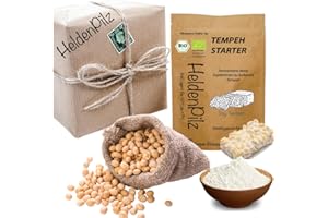HELDENPILZ Tempeh Starter Set con 1 kg di soia sbucciata (cultura Rhizopus Oligosporus) – Totale fino a 75 kg di tempeh da produrre da soli