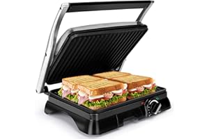 Aigostar Sandwich Toaster 2000W Toastie Maker, Deep Fill Panini Press with Improved Non-Stick Coating, 180° Flat Open Large Grill, Adjustable Temperature Control, Drip Tray, Stainless Steel - Samson