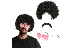 FUIPVGI Peluca Afro Funky, 3 Piezas Accesorios de Vestir Hippie Retro de los Años 70, Gafas Hippie Bigotes Peluca Afro Funky, Accesorios de los Años 60 y 70 para Hombres Disfraz Hippie (3 piezas)