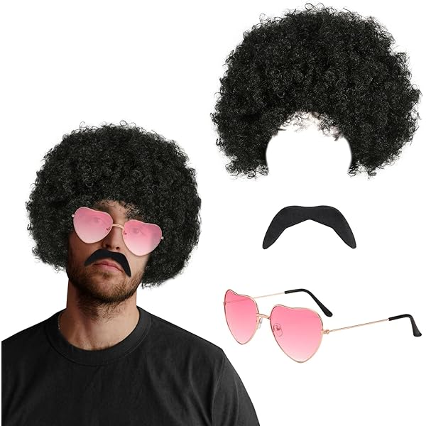 Set Costume Hippie Anni '70 - Parrucca Afro, Occhiali, Baffi E Collana, Per Feste - Foto 10