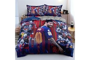 ENIXWH Gwiazda piłki nożnej, poszwa na kołdrę dla nastolatków, pościel 3D, FCB, Messi, zestaw 1 z zamkiem błyskawicznym i 2 poszewki na poduszkę dla chłopców i dziewczynek (B, 135 x 200 cm)
