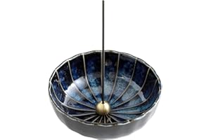 Asayu Japan Lotus Incense Holder for Sticks 4.1 inch (105 mm), Traditional Made in Japan Ceramic Ash Catcher and Brass Incense Burner Set - Navy Dark Blue Lotus log burner accessories