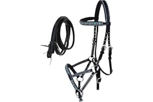 Challenger Horse Western Leather Blue Rhinestone Bitless Sidepull Bridle Reins 77RS04