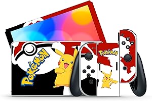 GamesMonkey® - Skin Compatible para Nintendo Switch – OLED Classic – Funda Adhesiva de Vinilo Mate Satinado HD – Película Protectora Decal Faceplate (Classic, PikaPika - D035)