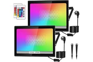 NATPOW Projecteur LED RGB, Projecteur Extérieur LED 100W avec Télécommande, Spot Led Couleur Changement de Couleur 16 Couleurs 4 Modes, Lumière Extérieure étanche IP66 pour Jardins, Cours (lot de 2)