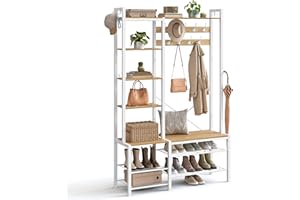 VASAGLE Appendiabiti Ingresso con Panca Scarpiera e 5 Ripiani Portaoggetti, 9 Ganci Attaccapanni e 6 Ganci Laterali, 40 x 120 x 190 cm, Rovere Dorato e Bianco Nuvola HSR426Y01