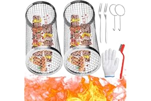 Audasi 2 Cilindro BBQ Cestello per Griglia, Girarrosto Rotondo in Acciaio Inossidabile, Rolling Grill Accessori Basket, Cestello per Cylinder Barbecue per Camping Grigliare Patatine Fritte Pesce