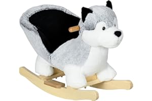 HOMCOM Husky à Bascule pour Enfants Cheval à Bascule Jouet à Bascule bébé 18-36 Mois avec Musique, poignées et Ceinture de sécurité, Charge 40 kg, 60x33x50 cm, Gris et Noir