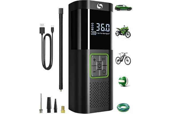 SERVOMASTER Compresor Aire Portatil, 150PSI Compresor Aire Coche | Inflador Ruedas Coche con Manómetro, Inflador Electrico, con Luz LED para Coches Moto Bicicleta Bola