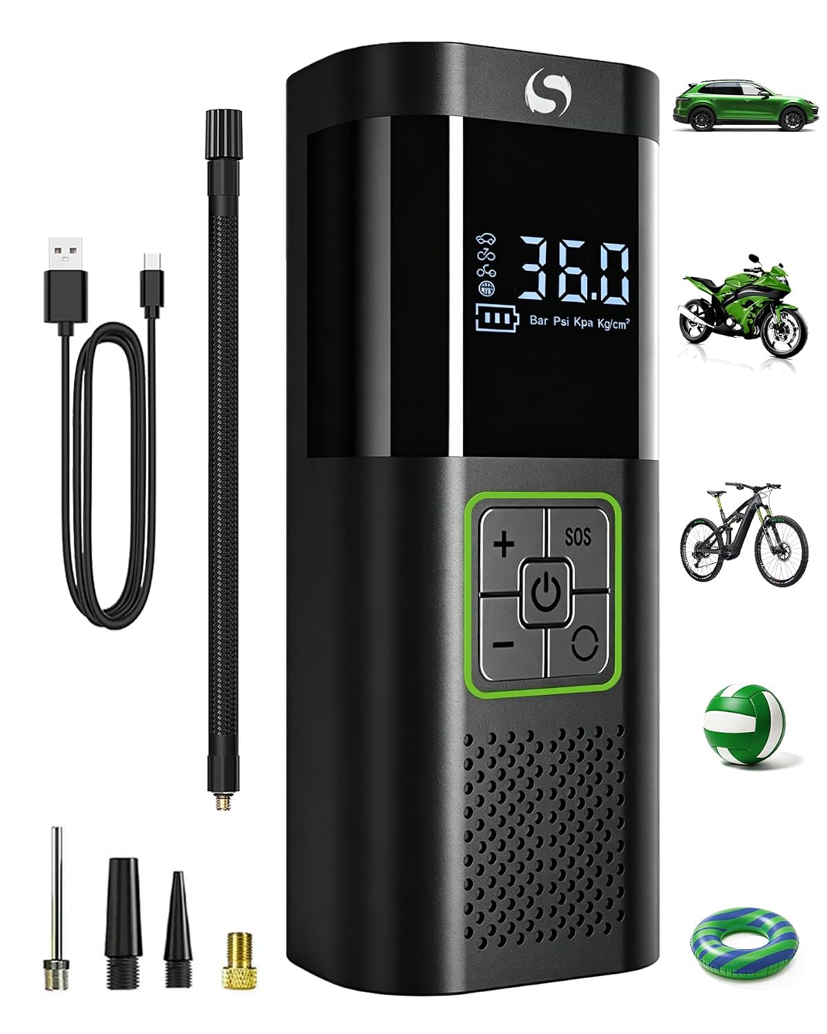 SERVOMASTER Compressore Aria Portatile, Mini Compressore a Batteria | con Manometro, Accessori Auto per Gli Uomini Donne, 150PSI Gonfiatore Elettrico con Luce LED Adatto per Auto Moto Bici Palla