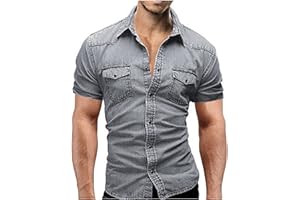 CENLANG Denim Shirt for Men Classic Slim Fit Short Sleeve Button Up Snap Work Shirts Casual Washed Western Cowboy Jean Shirt