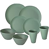 AMTNATURE Komplettes Bambus-Geschirr-Set bestehend aus 8 Teilen, Bambus-Teller, Glas, Schüssel, Camping-Geschirr, Picknick, S