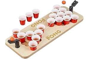 Relaxdays Mini Mesa de Beer Pong, Juego de Bebidas, 25 Vasos Rojos, 4 cl, Cerveza y Chupitos, 9 x 58 x 20 cm, Natural