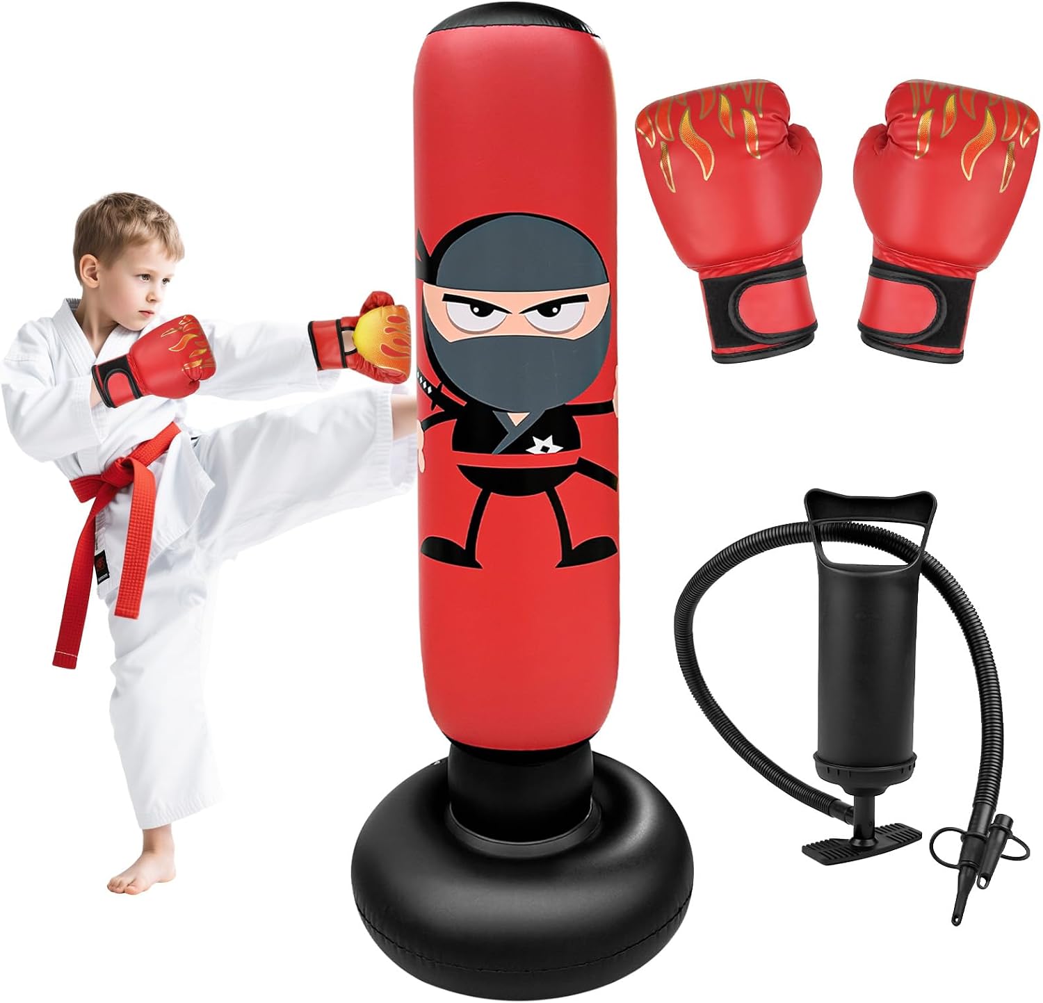 Homshsjhkis Saco de Boxeo de Pie, Saco Boxeo Niños, Punching Ball, Bolsa Independiente con Bomba Aire Guantes Boxeo, Bolsa Inflable Estable para Karate, Kickboxing, MMA, Regalo Ideal para Niños Niñas