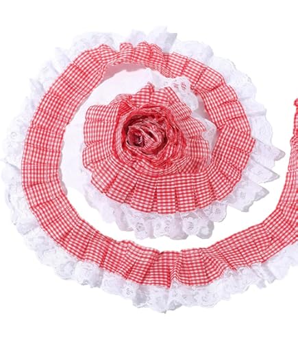 PH PandaHall 10m Ruban à Volants Rouge 4cm Bordure En Dentelle Plissée à Volants Tissu à Carreaux Pour La Couture Habiller Costume Collier Menottes Arrangement Floral Décoration De La Maison