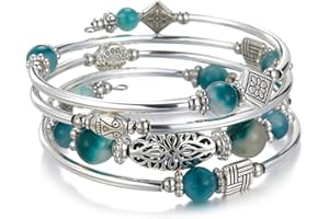 BULINLIN Beaded Silver Bangle Wrap Bracelet for Her, Layered Bohemian Bracelets with Natural Stone, Jewellery Gifts for Women Ladies