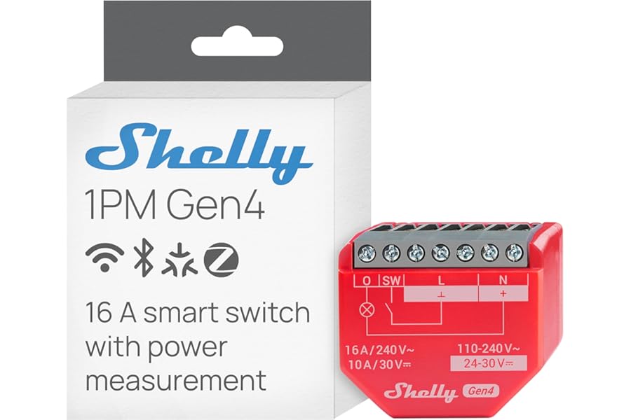 Shelly 1PM Gen4 - Wi-Fi Smart Relay Switch, 1 Channel, 8A, Real-Time Power Metering, Home Automation, Remote Control, No Hub Required, Matter, Alexa, Google Home, Apple HomeKit, Zigbee