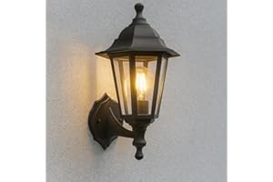 CGC Lighting Outdoor Wall Light Black Lantern Traditional Vintage Light Coastal Waterproof Weathproof E27 Mains Power