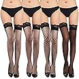 SKHAOVS 4 Pairs Lace Silk Thigh High Stockings, Fishnet Thigh High Stocking, Women Thigh High Stockings, Lace Top Stockings Silky Stocking Tights for Women Girls, One Size, Black