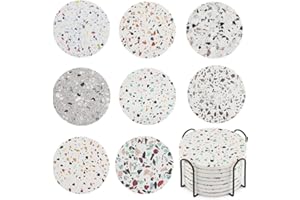 EZESO Juego de 8 Posavasos con Soporte, Hermosos Posavasos de cerámica Redondos absorbentes de Estilo mármol con Base de Corcho para Mesa de café, Taza, Cerveza, Botella de Copa de Vino, hogar y Bar