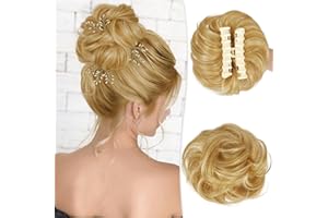 RUWISS Chignon Postiche Cheveux avec Pince à Griffes Chouchou Postiche 100% Cheveux Humains Ondulés Bouclés Naturels Clips Chignon pour Femmes,Blond Doré Clair avec Reflets Blonds Décolorés