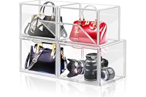 LINYAPRY Set di 4 organizer in plastica per armadio, espositori in acrilico per borsa e borsa, impilabili, con porta magnetica, per pochette, portafoglio, libri, giocattoli