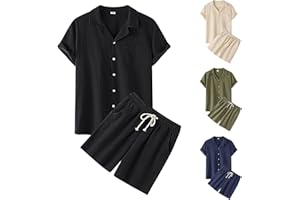 PINTUTU Survêtement d'été 2 pièces pour homme - En coton et lin - Blanc - Avec poches et chemise de sport - Pour homme - Léger et à séchage rapide Ensemble Chemise Short Homme