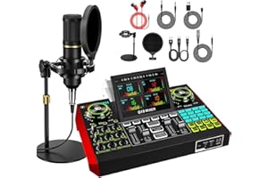 NECULOGY Podcast Microphone Bundle with Live Sound Card Audio Mixer, Podcast Equipment Bundle with 3.5mm BM800 Microphone for Pc/Youtube Live Streaming Singing Gaming, Sound Board with Voice Changer, Denoise