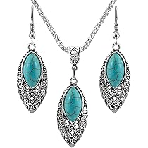 アクセサリー feather21&19chain with Turquoise Dishowme Turquoise Necklace Earrings Set Bohemian Pendant Costume