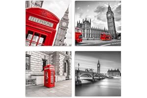 DìMò ART Quadri Moderni London, Londra Uk 4 pz 30x30 CM cadauno Stampa su tela Canvas Arredamento Arte Classica Arredo per cucina, camera da letto, soggiorno, salotto, bar, ufficio, ristorante