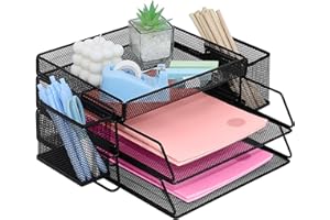 ideallife Stapelbare Briefablage aus Metall, Schwarz Schreibtisch Organizer mit 2 Dokumentenablage und 2 Stiftehalter, Mesh Schreibtischablage für A4 Dokument, Büroablage, Postkörbe