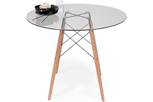 Homely - Mesa de Cocina o Comedor Tower 90 Vintage | Mesa de Cristal Redonda | Diseño Vintage | Comedor, Cocina, Oficina, Estudio | Patas de Madera de Haya | Cristal Transparente | 90 cm Diámetro