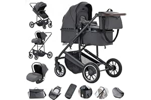 Gcarebb Poussette 3 en 1, Poussettes Citadines Avec Siège Auto, Poussette Canne Poignée Réglable en Hauteur, Poussettes Combinée Paysage Haut Cadre en Aluminium Convient Pour 0-4 Ans