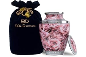 BOLD & DIVINE Handbemalte Urne mit rosafarbener Rose, groß, 200 Kubikzoll