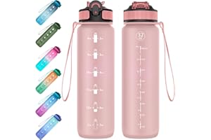 EYQ 1L Water Bottle, 1 Litre Water Bottle with Straw, 32oz Leak-Proof Motivational Sports Drinks Bottle with Time Marker, Tritan BPA-Free, Drinking Waterbottles for Fitness, School, Gym Outdoor Sports