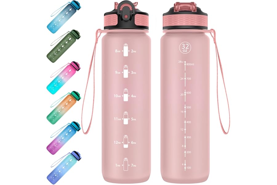 EYQ 1L Water Bottle, 1 Litre Water Bottle with Straw, 32oz Leak-Proof Motivational Sports Drinks Bottle with Time Marker, Tritan BPA-Free, Drinking Waterbottles for Fitness, School, Gym Outdoor Sports