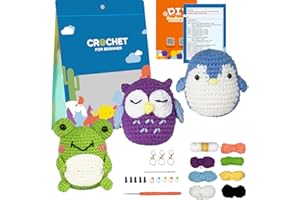 DSECHCRSL Beginners Crochet Kit, 3 Pattern Animals - Frog, Owl, Penguin Crochet Set for Starters Adult Kids with Step-by-Step Video Tutorials and Enough Yarns, Hook, Accessories , Birthdays Gift,Animal