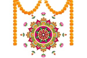 ATHEM Diwali Decorations Set with 2 Pcs Artificial Orange Marigold Flower Garland & Diwali Rangoli Floor Stickers, Diwali Decorations for House, Indian Theme Decorations Diwali Decor and Gifts
