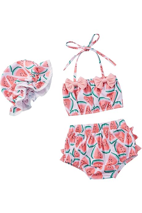 Costume Da Bagno 3 Pezzi Per Neonata - Bikini Con Nappe E Stampa Fiore - Foto 11