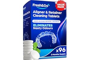 Fresh & Go® Retainer Cleaning Tablets - 3 Months Supply - 96 Tablets Fresh, Mint, Clean, Brite, Stain-Free - Eliminates Odour - Suitable for Dentures, Mouth Guards, Retainers, Aligners
