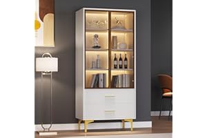 Rtopsu Vetrina Espositiva in Vetro Bianco con Illuminazione a LED a 16 Colori per Collezionismo, Vetrina con 2 Ante e Ripiani Mobili, Libreria Armadio Alto per Soggiorno Camera da Letto, 150x70x35 cm