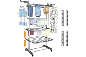 SHRIVEE 5 poziomów z wieżą do suszarki na pranie, z regulacją wysokości, składana suszarka na pranie ze stali nierdzewnej z 4 rolkami, 32 drążki na ubrania, 14 haczyków i 4 klamerek do skarpet, nadaje się dla