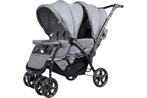 RELAX4LIFE Doppel Kinderwagen Klappbar, Geschwisterwagen mit 5-Punkt Sicherheitsgurten, Buggy Wagen mit Verstellbarem Lenker & Rückenlehne, ab der Geburt Nutzbar bis 15 kg, Grau