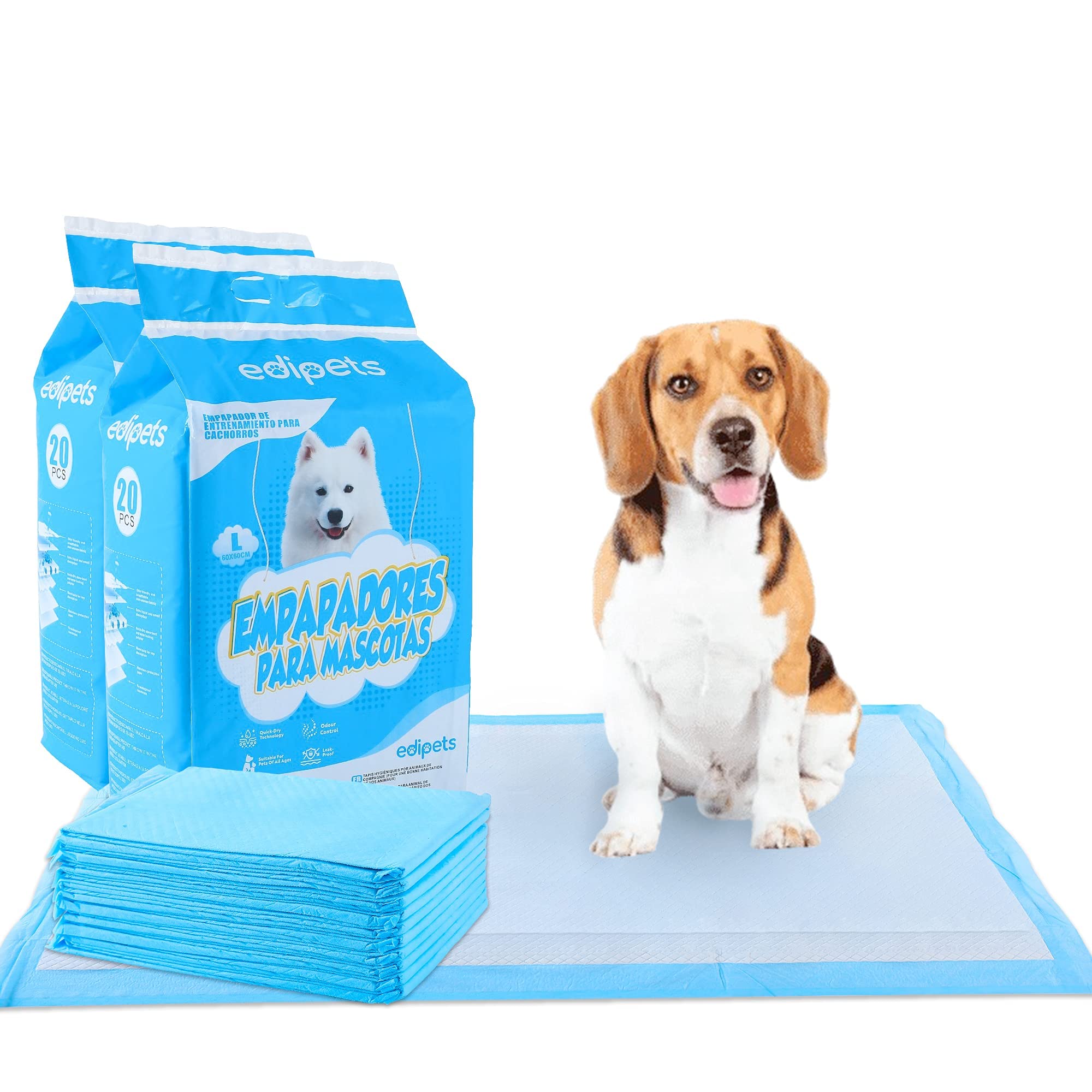 Edipets, Empapadores Perros, 60x60 cm, (Blanco - 40 Unidades), Alfombrillas Desechables para Mascotas, Toallitas de Entrenamiento y Adiestramiento, Absorbentes, Resistente a Prueba de Fugas