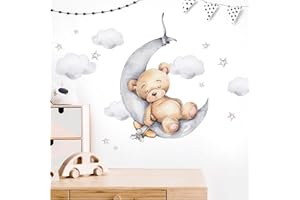 WANDARO Little Deco Wandsticker Bär mit Mond Wandtattoo Kinderzimmer Tiere Teddybär Wandaufkleber Babyzimmer Schlafzimmer Deko DL871-4